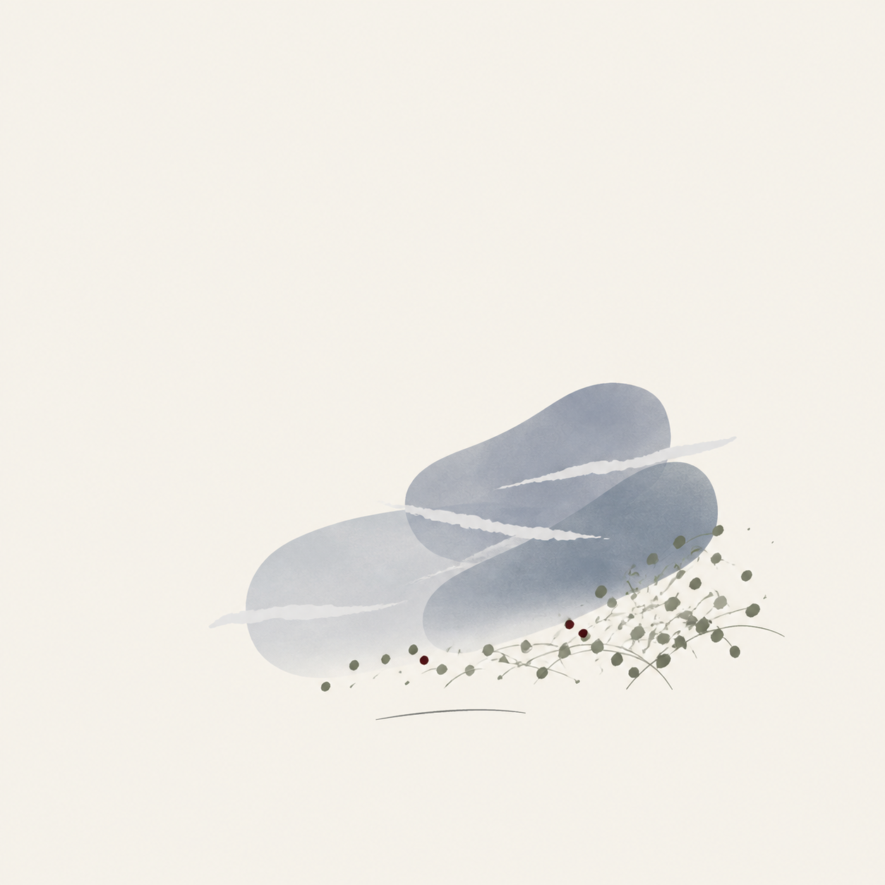 Ink-wash style illustration abstracted from a fjord photograph: three blue-grey stones stacked like trail markers, wisps of mist streaking across them and small seeds scattered at their base