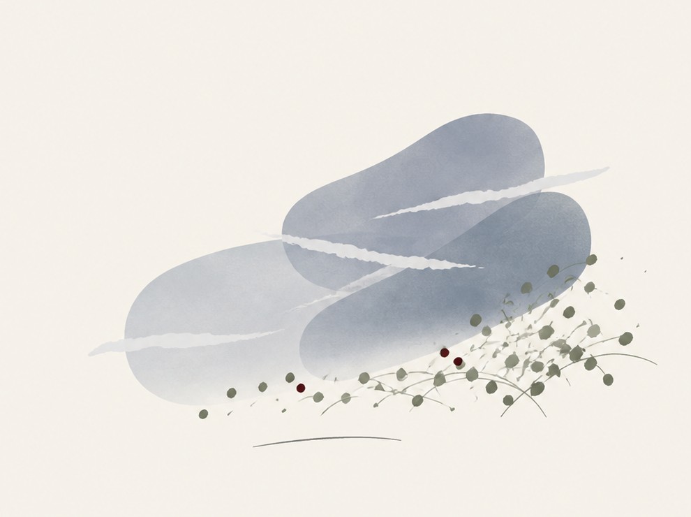 Ink-wash style illustration of a cairn: three blue-grey stones stacked like trail markers, wisps of mist streaking across them and small seeds scattered at their base